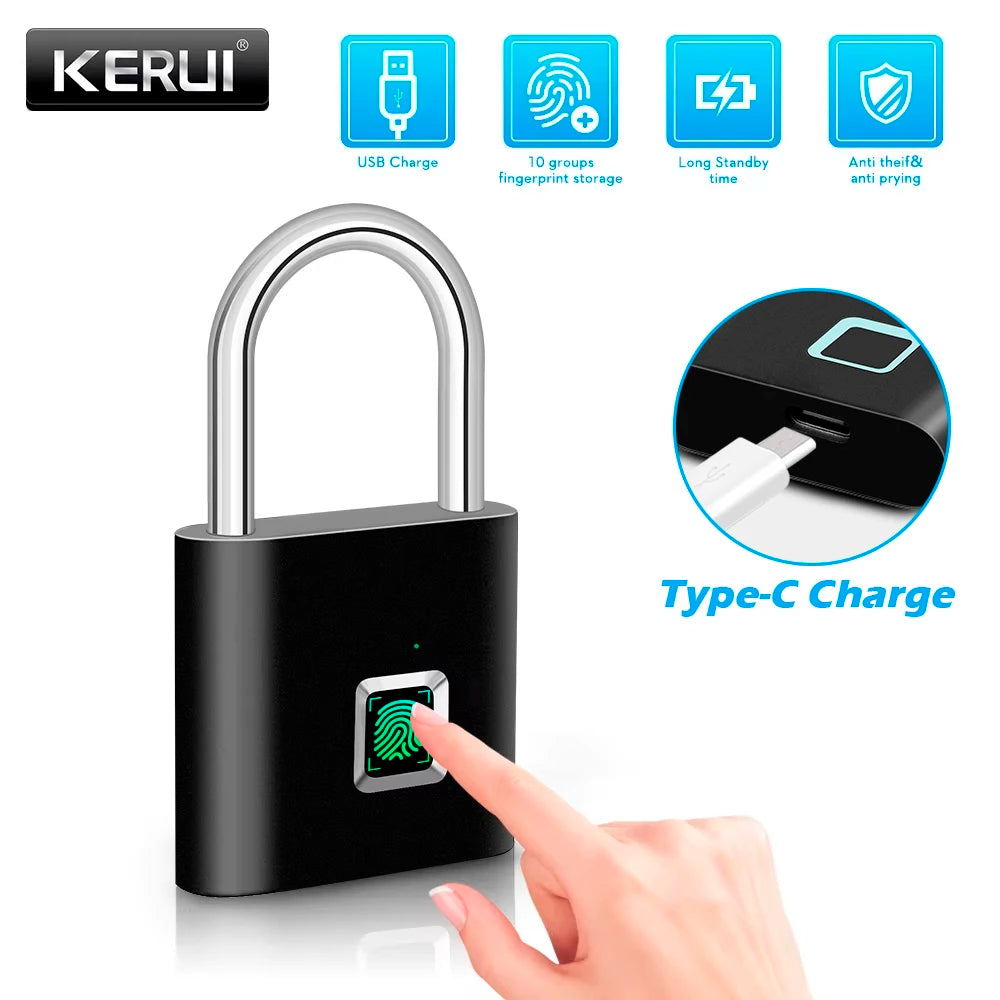 Smart Fingerprint Padlock Waterproof Fingerprint Keyless Door Lock Type C Rechargeable Security Padlock for House